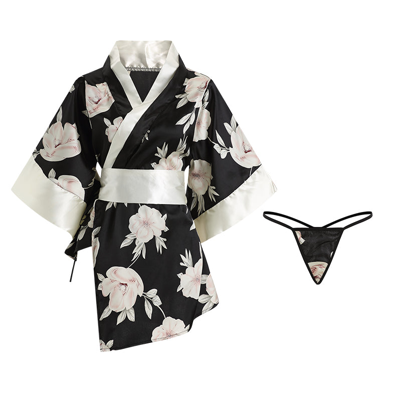 INJOY Lingerie Kimono Robe – Deep V with Bow Sash & Floral Print
