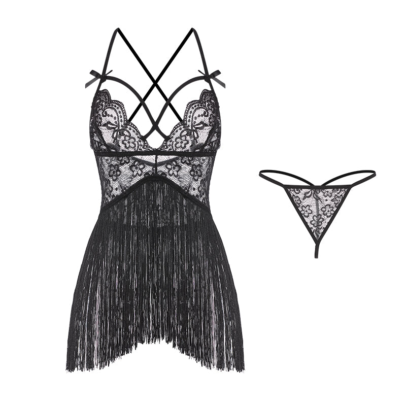 INJOY Lingerie Deep V Lace Chemise with Fringe Details & Open-Back Straps