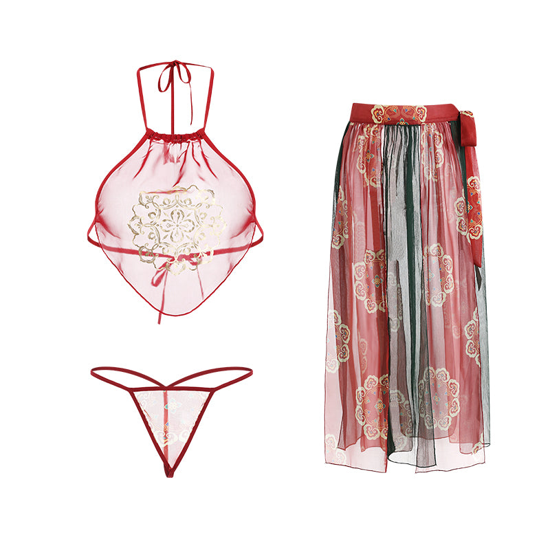 INJOY Lingerie Chinese Dancer Costume Set – Embroidered Top, Foil Skirt & Panty
