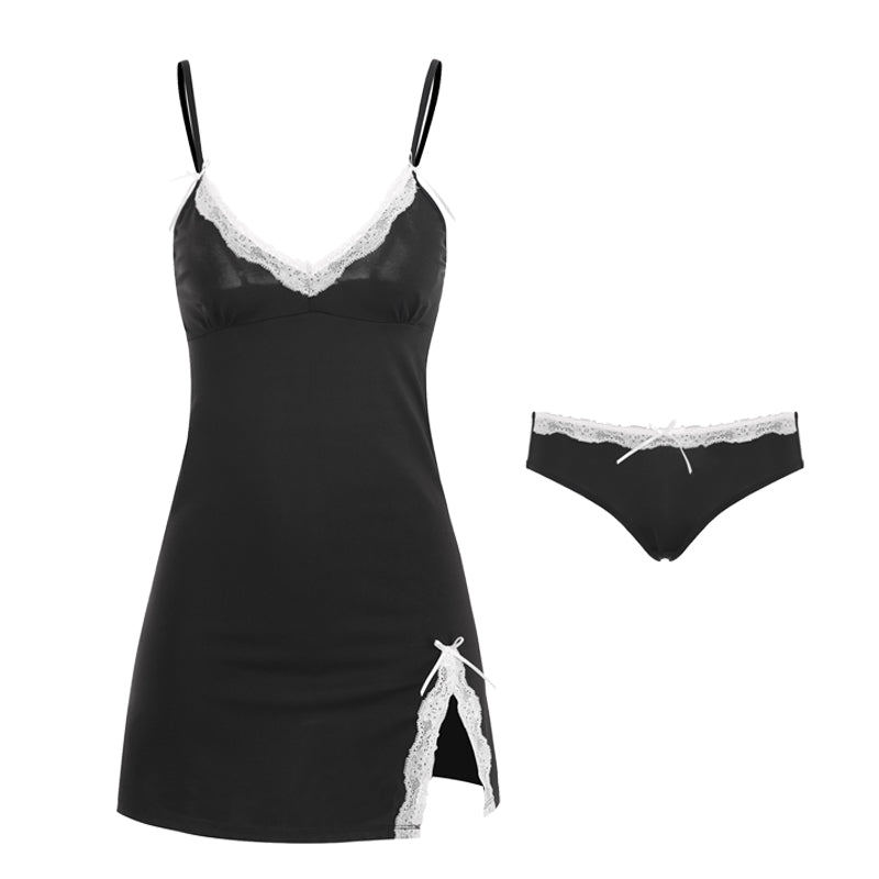 INJOY Lingerie – Deep V Lace Cami Dress with Removable Pads & Side Slit