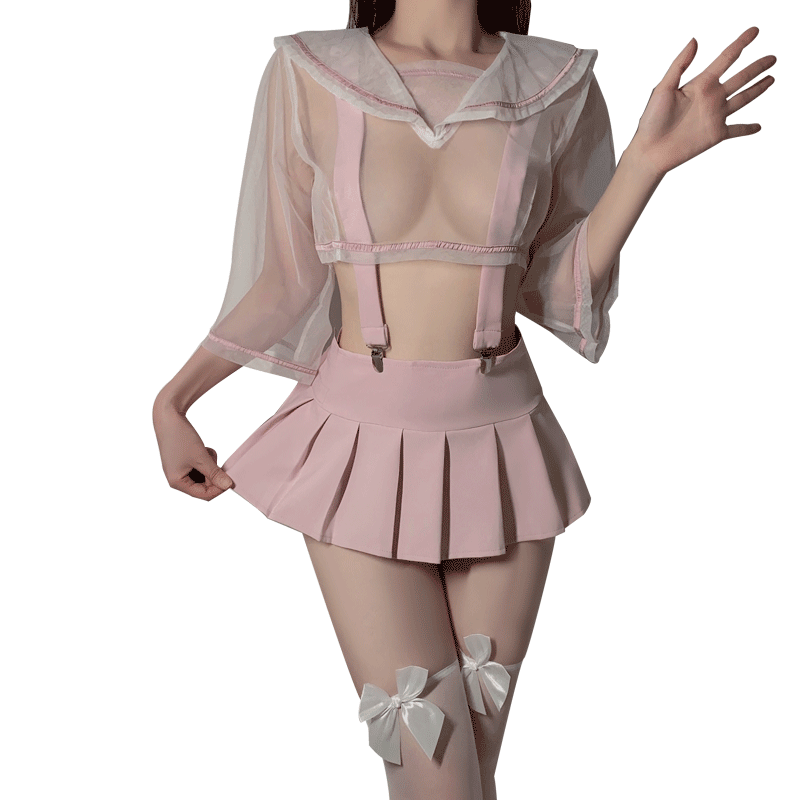 Women's Lingeire-Sweet & Cute Set: Sheer Mesh Top + Pleated Skirt with Detachable Straps