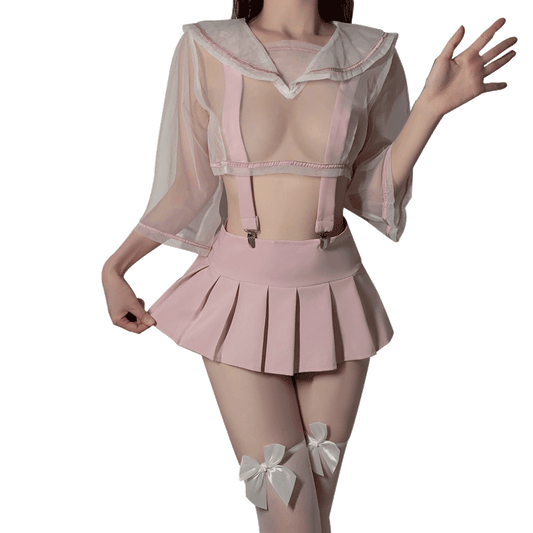 Women's Lingeire-Sweet & Cute Set: Sheer Mesh Top + Pleated Skirt with Detachable Straps